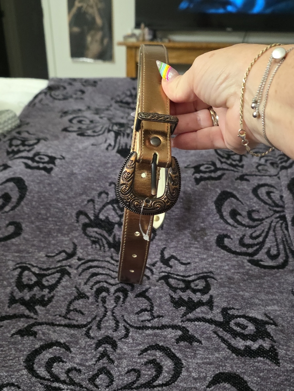 Women’s Brown Leather Belt with Decorative Western Buckle